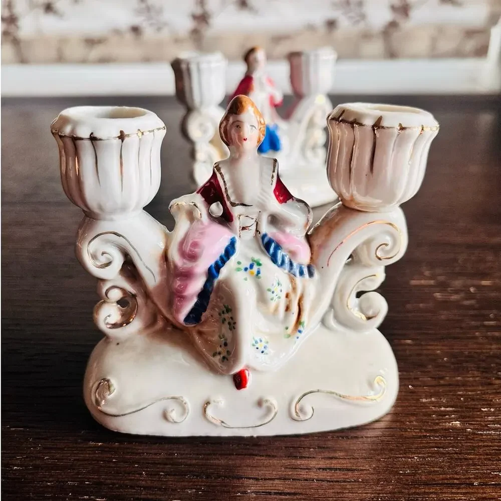 Made in Occupied Japan Colonial Couple Porcelain Candle Holders Pair